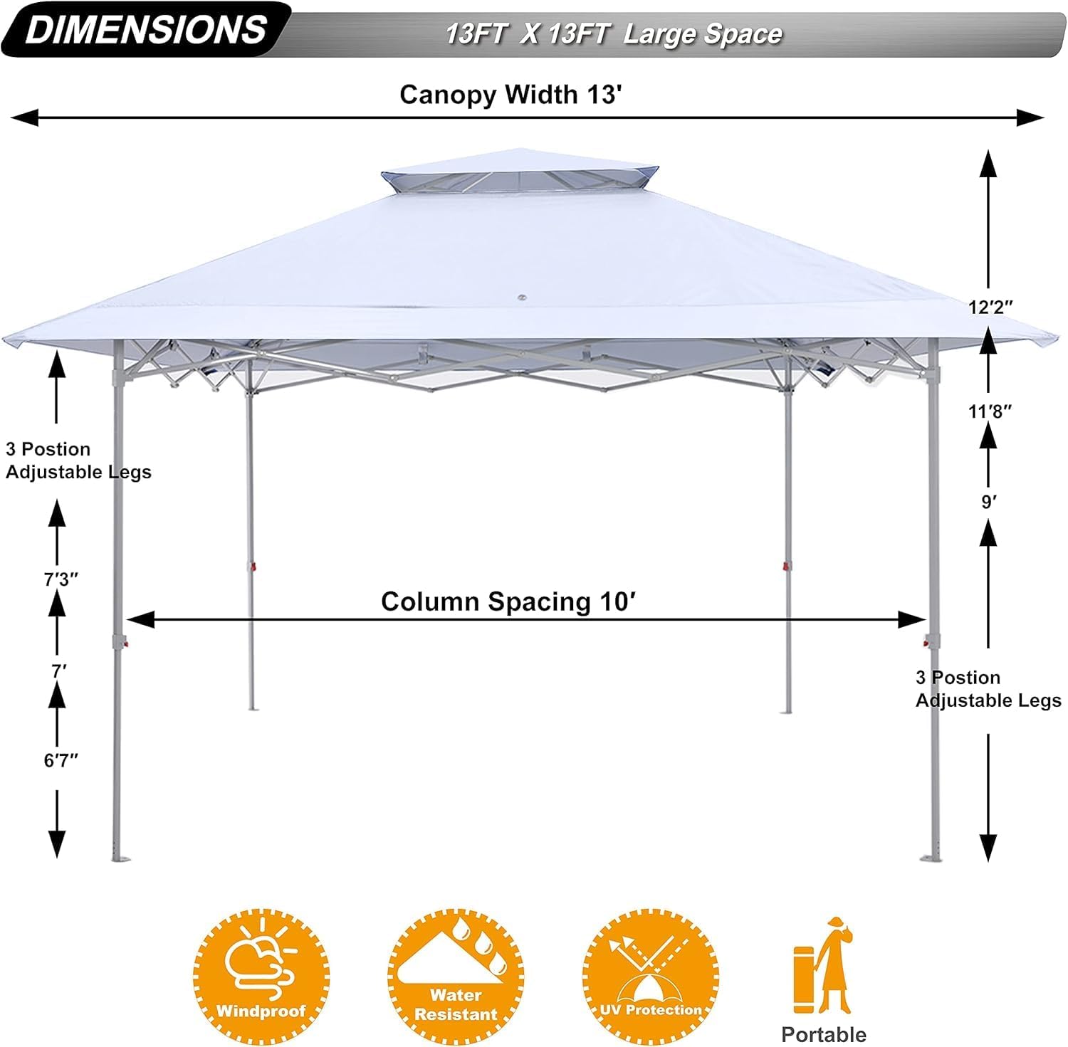 ABCCANOPY 13x13 Pop Up Canopy with Double Ventilated Top, 4 Sandbags, 4 Ropes and 8 Stakes (White)