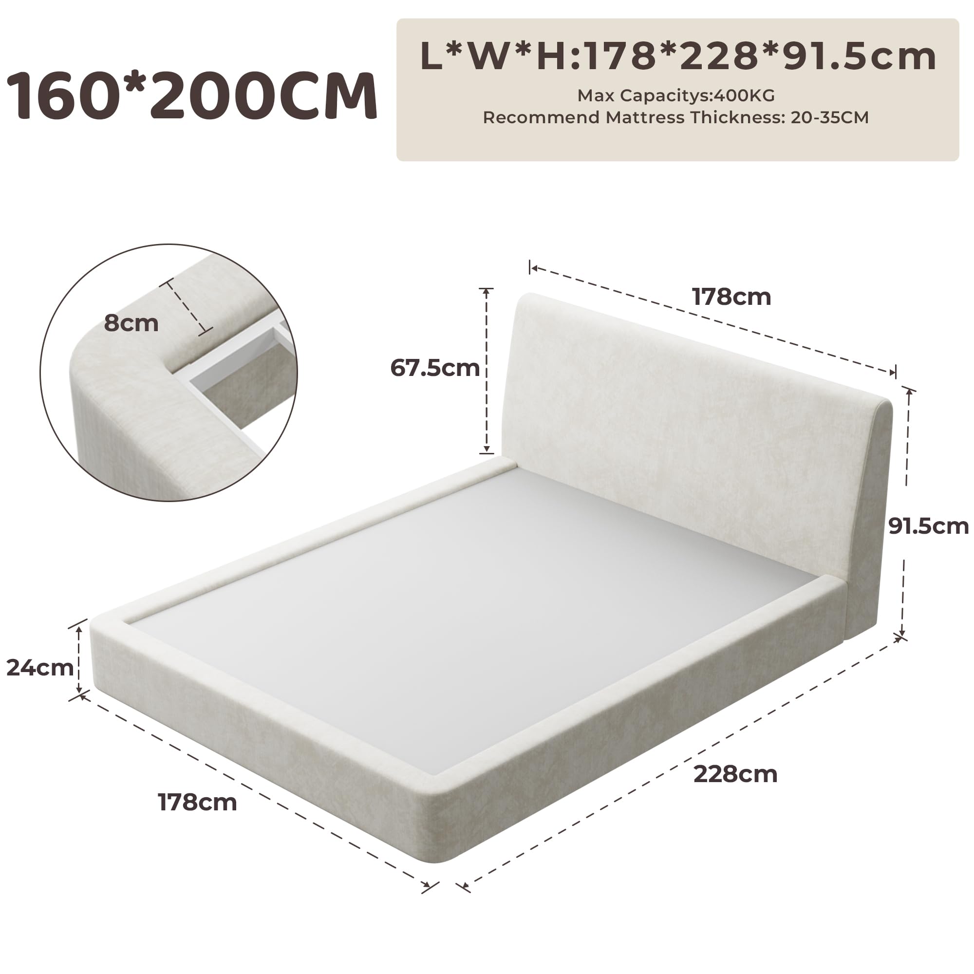 RECCI Polsterbett 160x200 cm, Weiches Schaumstoff-Bettgestell mit Ergonomischem Kopfteil, Vollgepolstertes Cloud-Design, Ohne Boxspring, Einfache Montage (Beige)