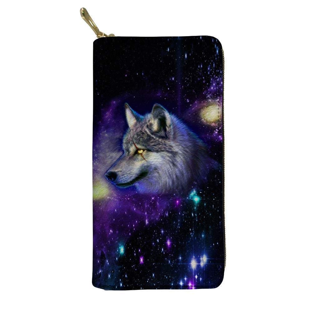 PoceaclesGalaxy Space Wolf Print Women's Wallet,Durable Long Leather Coin Money Purse,Waterproof Card Holder Pouch Zip Around