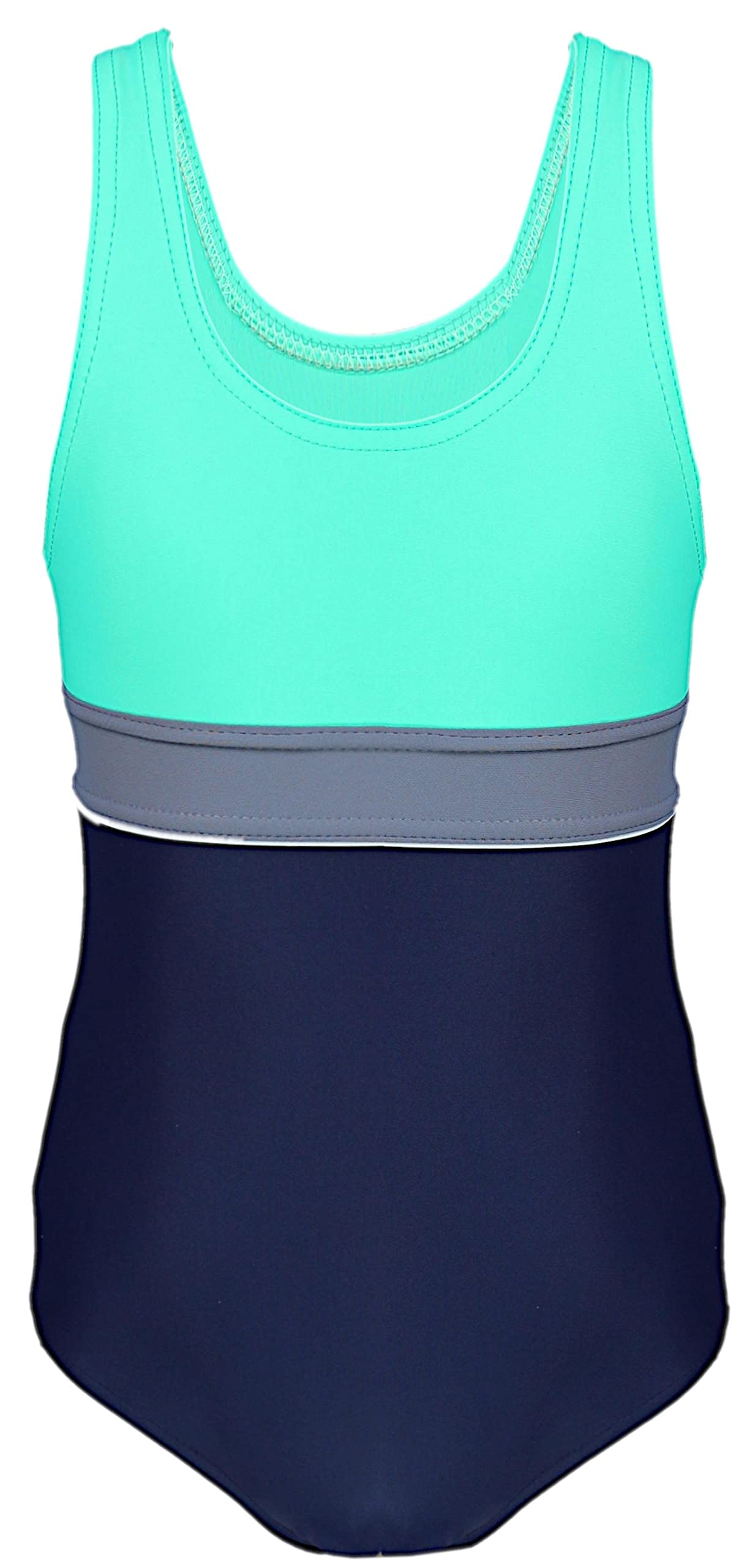 Aquarti Mädchen Badeanzug mit Ringerrücken – Sport Badeanzug Mädchen, Chlorresistent, Farbe: 025 Dunkelblau/Grau/Grün, Größe: 158