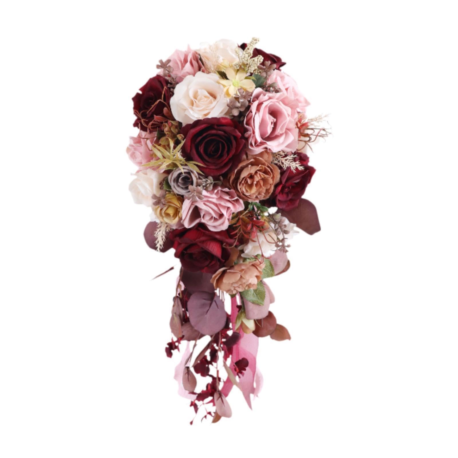 Alcxazs Dark/Red Stunning Drop Bridal Bouquet With Beautiful Silk Flowers Romantic Weddings And Elegant Celebrations Drop Bridal Bouquet Bridesmaid
