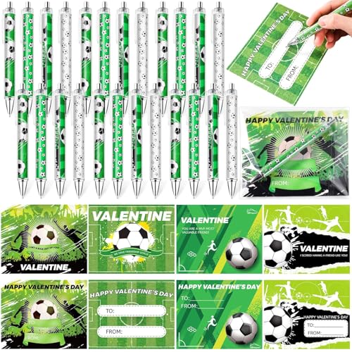Xihaian 24 Sets Soccer Valentine's Day Cards for Kids with Soccer Pens Valentine's Day Classroom Exchange Gift 1 mm Black Ink Novelty Ballpoint Pens Bulk for School Sports Party Favor