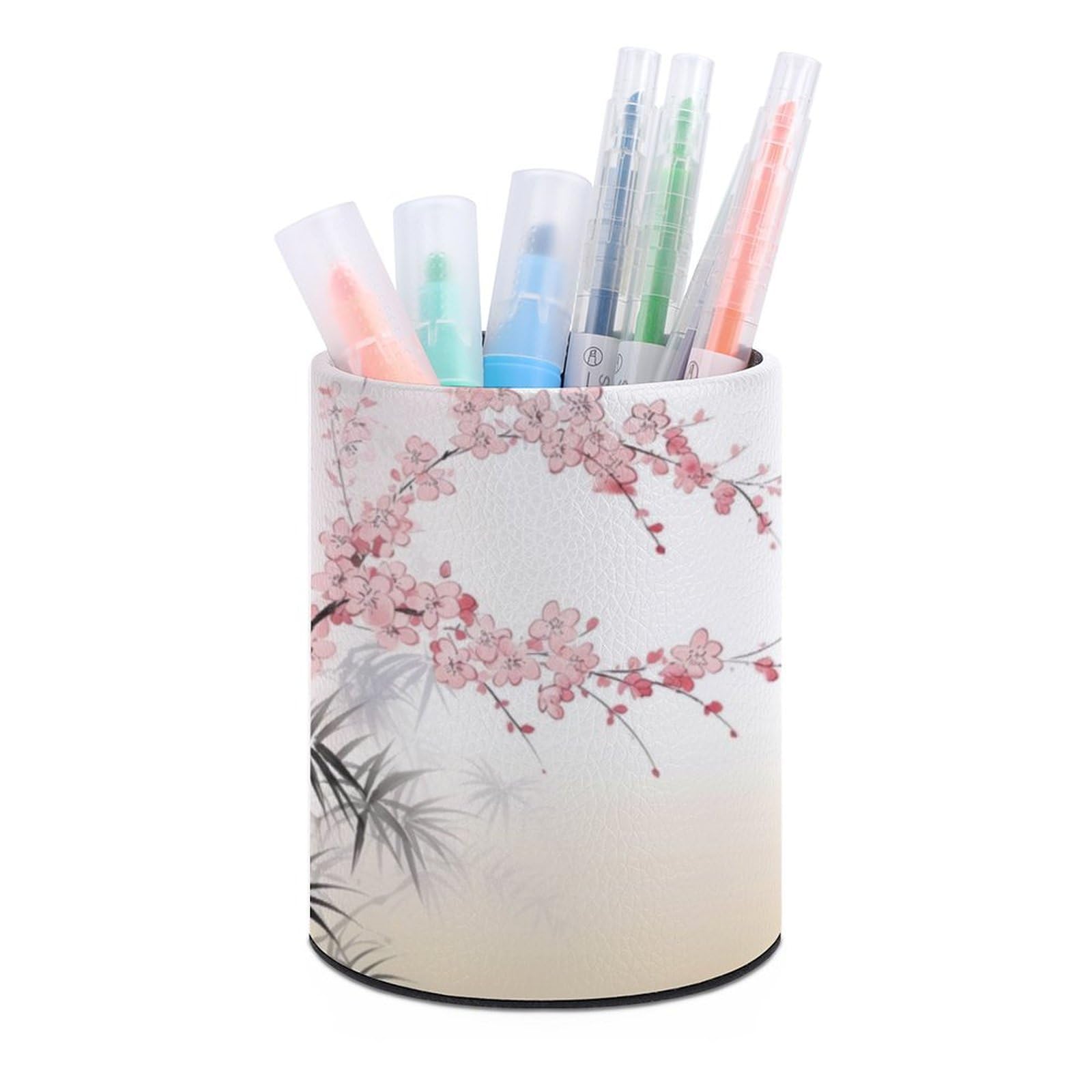 JTREHY Round Pen Holder,Cherry Blossoms Printed Makeup Brush Storage Box Desktop Stationery Storage Cup Office Accessories Storage Box Pencil Storage Box for Home Office Dressing Table