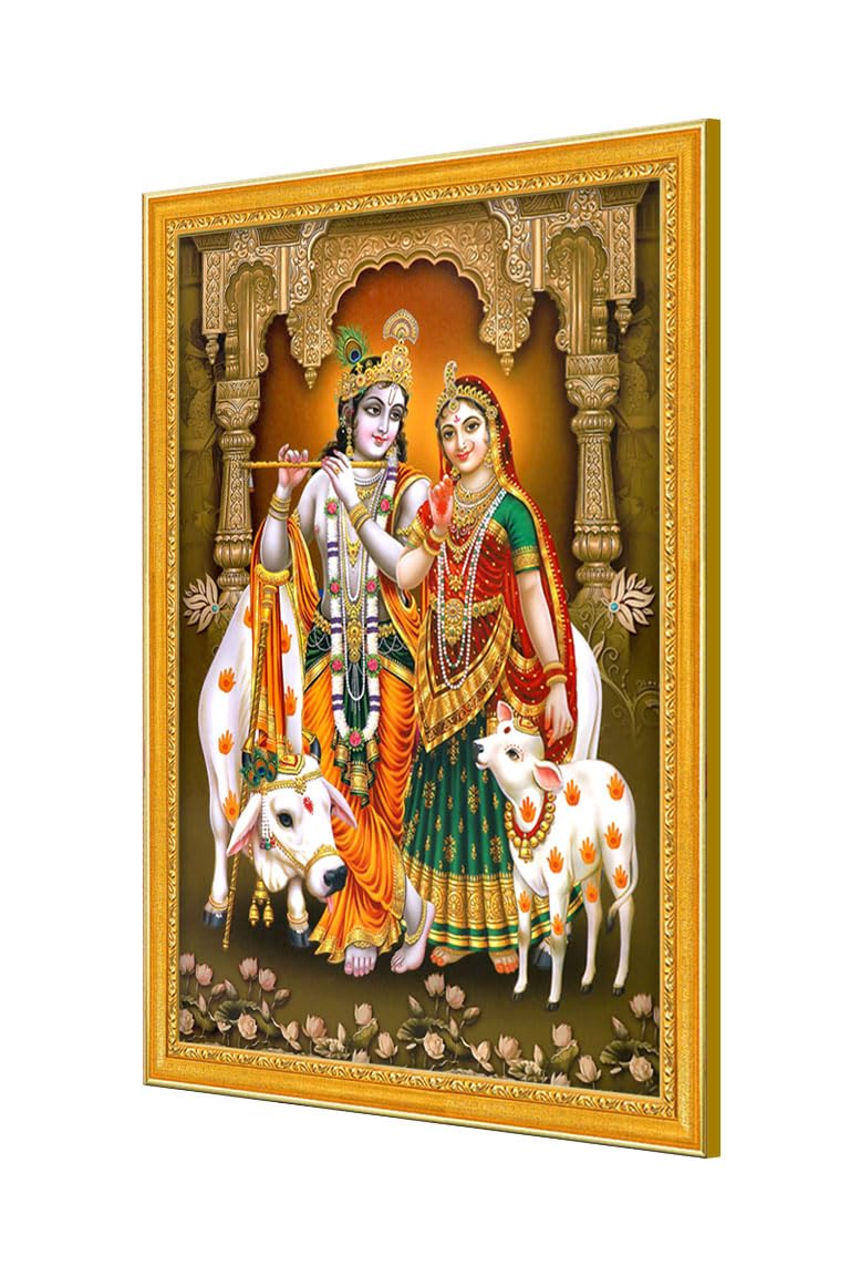 999STORE Pan Radha Kryszna ze swoją krową Obraz fotograficzny z ramką na zdjęcia dla Mandir/Temple Radha Krishna (MDF i włókno_30 x 45 cm) GodSZ20189