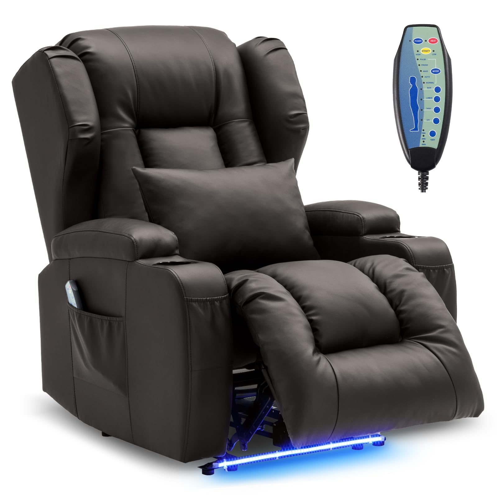 DRMBOOK Power Recliner Chair, Electric Wall Hugger Reclining Sofa with Massage &amp; Heat, Overstuffed Movie Theater Seating with LED/USB Port/Cup Holders for Living Room (Leather Brown, 1 Chair)