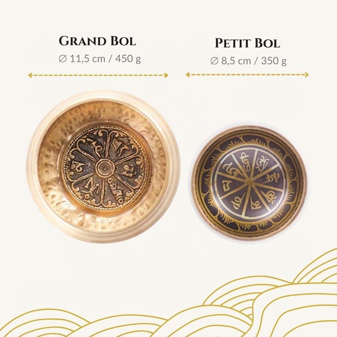 • Bol Tibétain Chantant Méditation Fait à la main à Bhaktapur (Népal) - 450gr ⌀11,5cm - Coffret Zen - Papier népalais - Coussin Bol Chantant (Métaux Anciens Chakra) - Maillet Bois