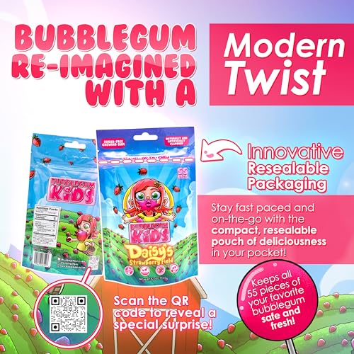 Image of Bubblegum Kids Daisy's Strawberry Field Sugar Free Gum | Strawberry Flavor Sugarless Gum with Xylitol | Low Calorie Candy Alternative for Kids & Adults | Resealable Bag, 55 Pieces Per Pack, 6 Pack