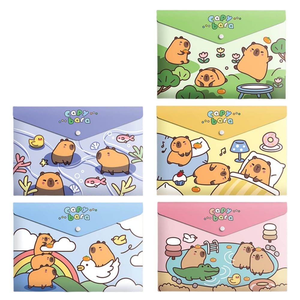 ISABELLA MOON 5PCS Plastic Wallets A4, 5 Different Designs Plastic Folders Popper Folder with Snap Closure, Lightweight Wallets for Document Office School Organization for Kids Adults (Capybara)
