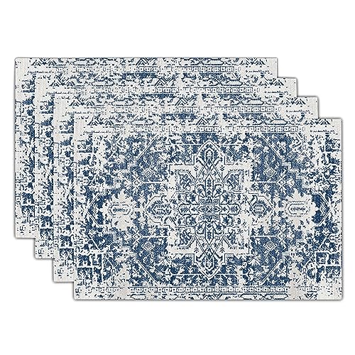 Image of Navy Blue Gray Boho Placemats Set of 4 Ethnic Bohemian Carpet Place Mats Washable Kitchen Dining Vintage Grey Geography Floral Linen Table Mats Stain Heat-Resistant for Home Party Indoor 12x18 in