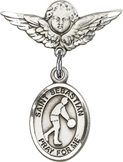 Sterling Silver Baby Badge with St. Sebastian/Basketball Charm and Angel w/Wings Badge Pin 7/8 X 3/4 inches