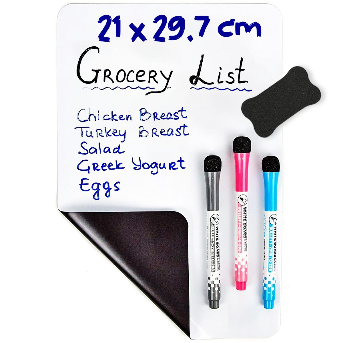 Magnetic Dry Erase Whiteboard Sheet for Fridge, Refrigerator Shopping List or Weekly Planner A4 White board, Includes 3 Markers and 1 Eraser (21 x 29.7cm)