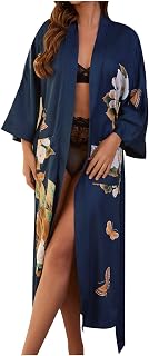 cookin Nightwear Kimono Robe for Women, Womens Kimono Robe Cover up Long Floral Printed Sleepwear Satin Silky Nightgown
