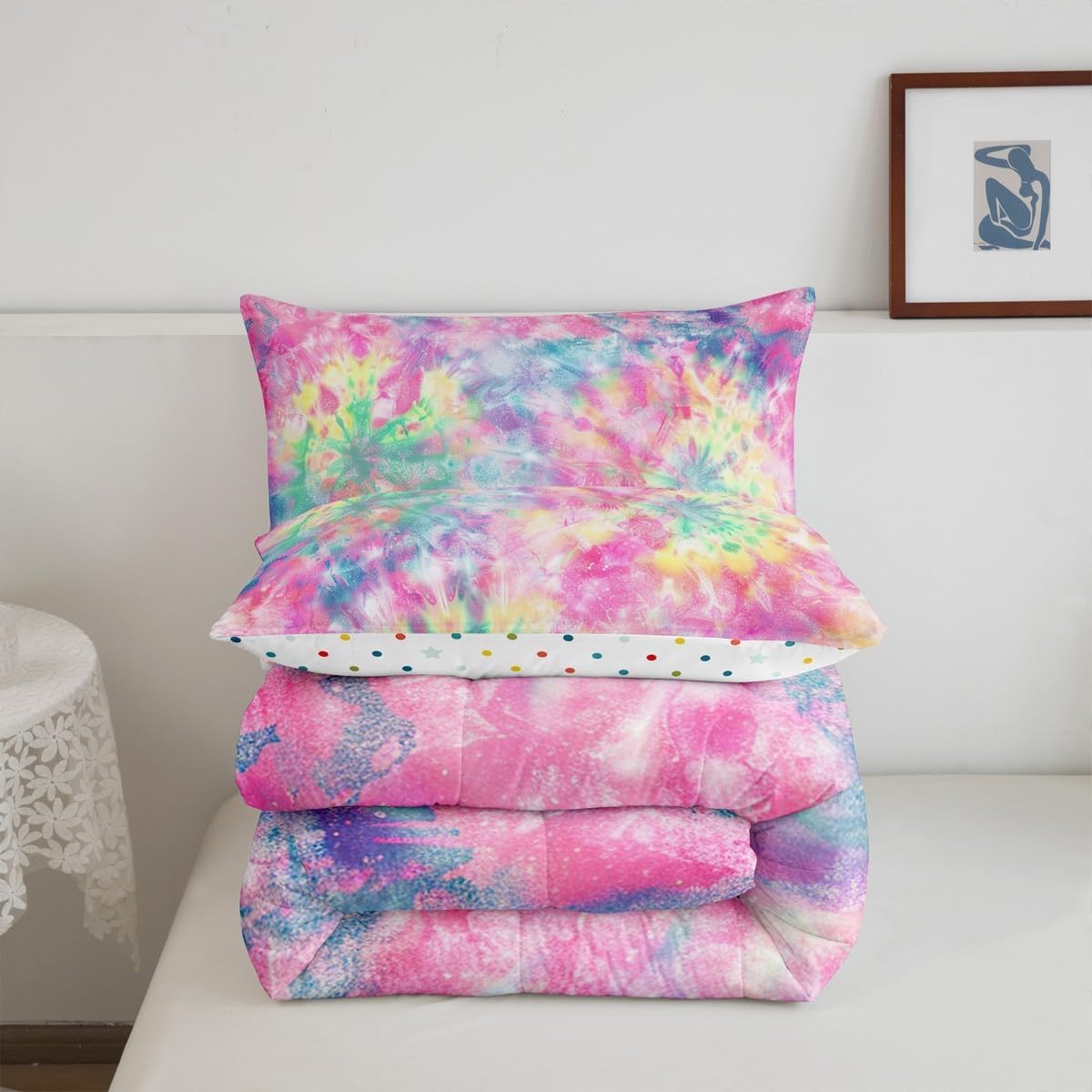 Erosebridal Kids Tie Dye Comforter Set, Bohemian Batik Down Comforter Twin Size, Boho Psychedelic Bedding Comforters for Children Girls Boys Teens Bedroom, Trippy Tattoo Watercolor Quilted Duvet