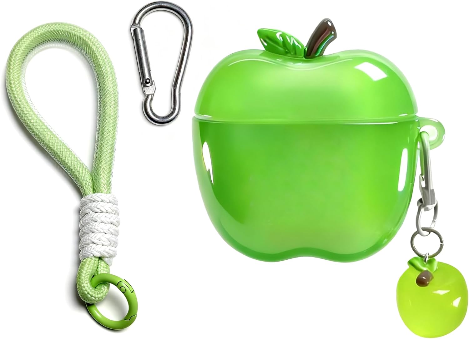 Cute Apple Shaped Wireless Earbuds Case - Electroplated Earphones Case Compatible with AirPods Pro/Pro 2, Fruit Design Silicone Protective Earphones Cover with Apple Pendant and Rope (Green)
