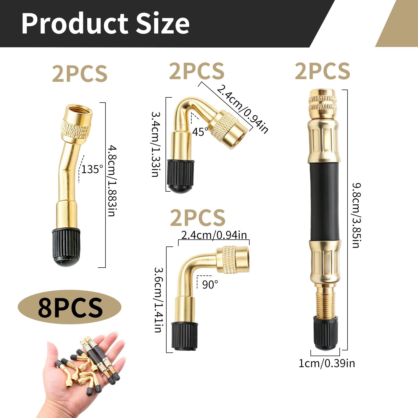 8 Pièces Rallonge Valve Pneu Voiture Universelle, Adaptateur Valve Velo Coudée 45° 90° 135° et Tubes Flexibles, Embout Gonflage Pneu Voiture pour Moto Camion Remorque