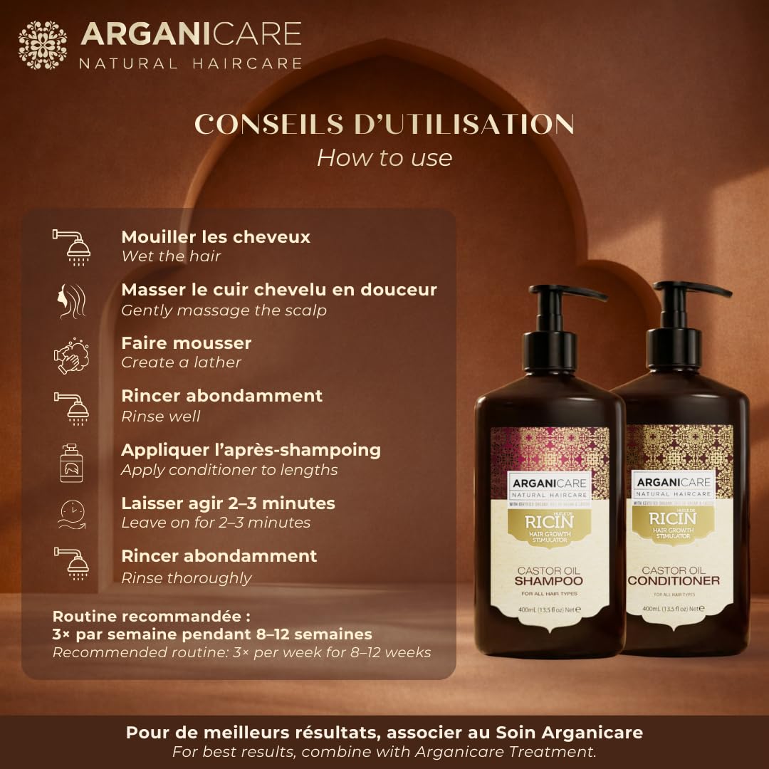 ARGANICARE | Zestaw Duo Ricin | Szampon + Odżywka Wzrost & Wzmocnienie | Wszystkie rodzaje włosów |.Siła i Nawilżenie | 2 x 400 ml