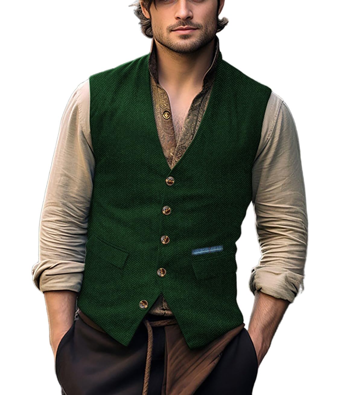 Yiaisafa Business Men's Waistcoat Herringbone Tweed Waistcoats for Mens Suit Vest Vintage Wedding Wool Retro Groomsman(Green,XXXL)