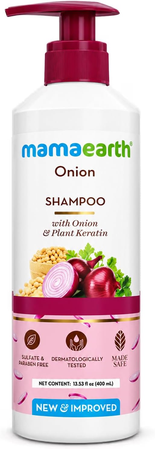 Mamaearth Onion Shampoo with Onion & Plant Keratin for Hair Fall Control & Strengthening – Cleanses, Reduces Breakage, Smoothens & Nourishes Hair | Sulphate & Paraben Free, All Hair Types, 400ml