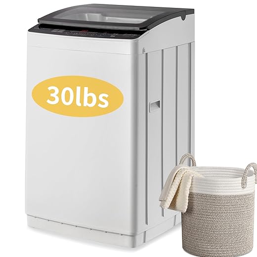 Winado Full Automatic Washing Machine, 30Lbs Tempered Glass Lid Portable Washing with Drain Pump, 8 Wash Programs 5 Water Level Washer & Spinner, 2 in 1 Washer and Dryer for Apartments, RV, Camping