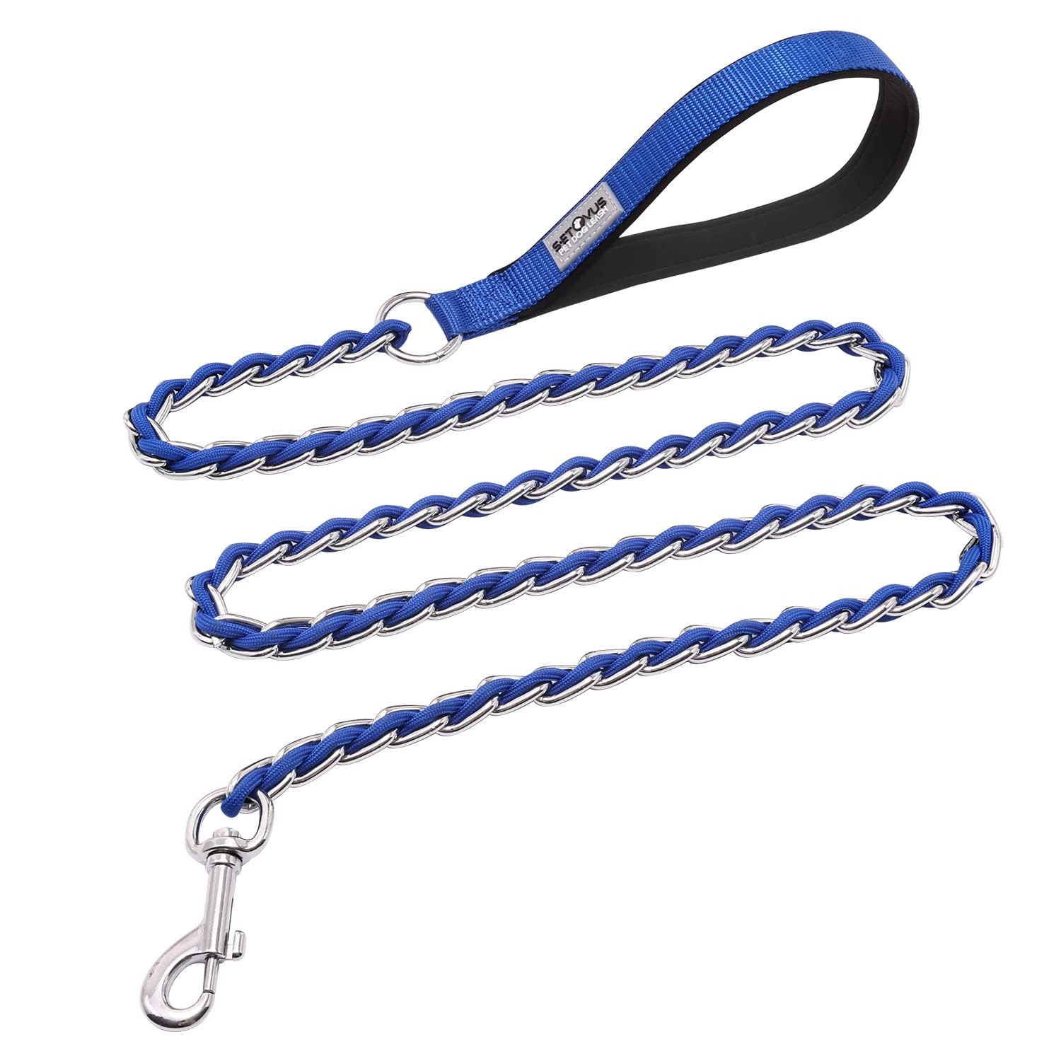 Dog Leash Chew Proof, Chain Leash Anti Chew Dog Leash for Large Dogs Heavy Duty, Indestructible Metal Leash Anti Bite Chain Link with Woven Cord Soft Padded Handle (Blue, 4FT)