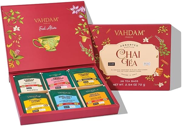 VAHDAM, Cofanetto Chai Festa della Mamma (6 Gusti, 36 Bustine) | Masala Chai Indiano | Idee Regalo per Lei | Senza Glutine - 1