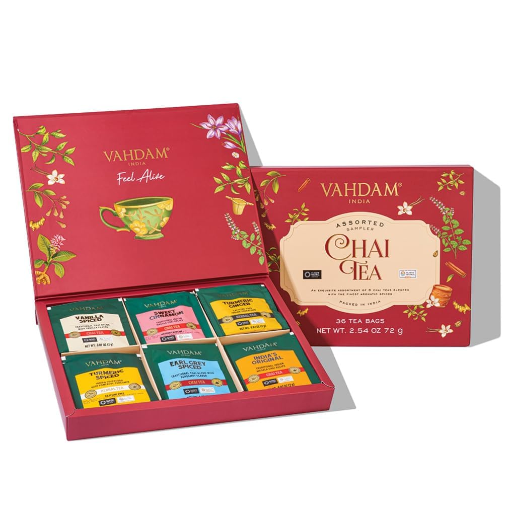 VAHDAM, Diwali Gifts - Assorted Chai Tea Variety Pack (6 Flavors, 36 Tea Bags) Exotic Masala Chai Blends | Gluten Free Tea Sampler Gift Box | Diwali Gift Set for Men and Women