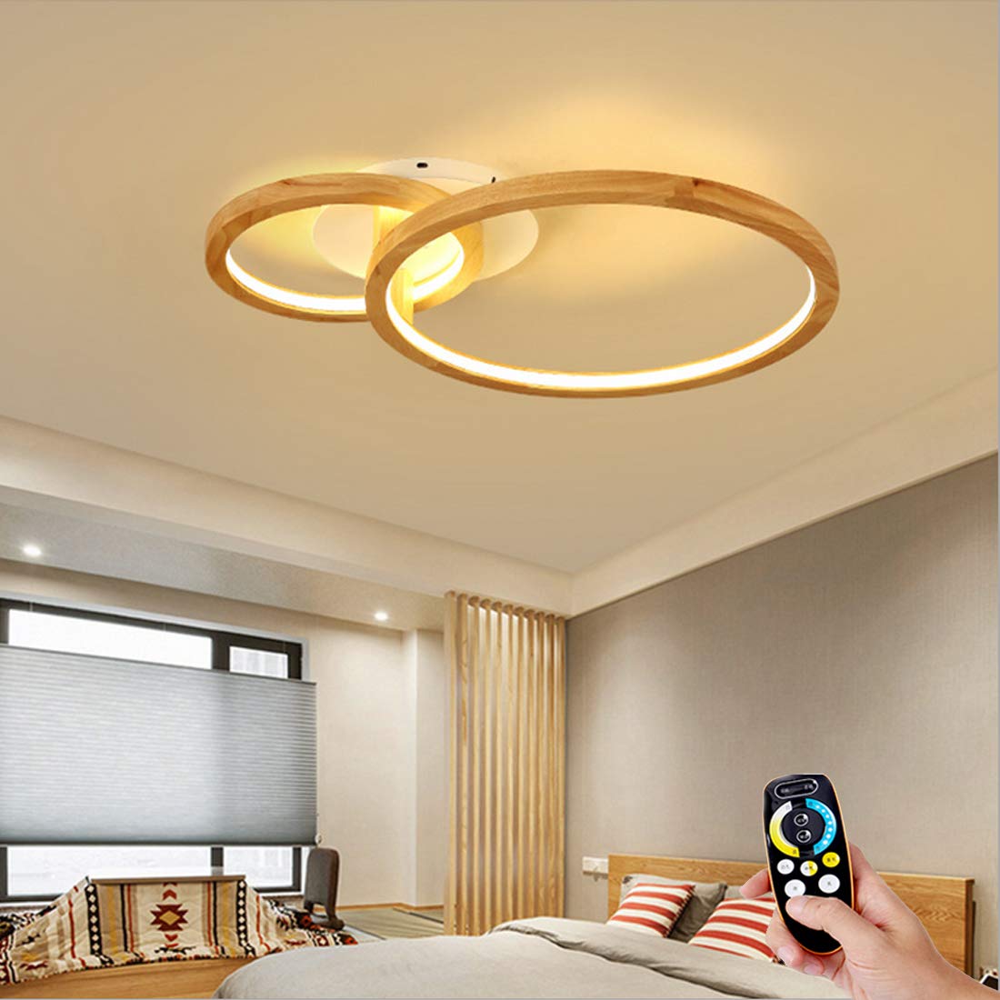 Etage LED-Deckenleuchte Holz, Deckenlampe Wohnzimmer mit Fernbedienung, Schlafzimmer Leuchte, 2-Flammig, Modern Designlampen, Ring Deko Acryl-Schirm, Holzlampe Dimmbar Inkl. Fernbedienung (Ø72*51cm)