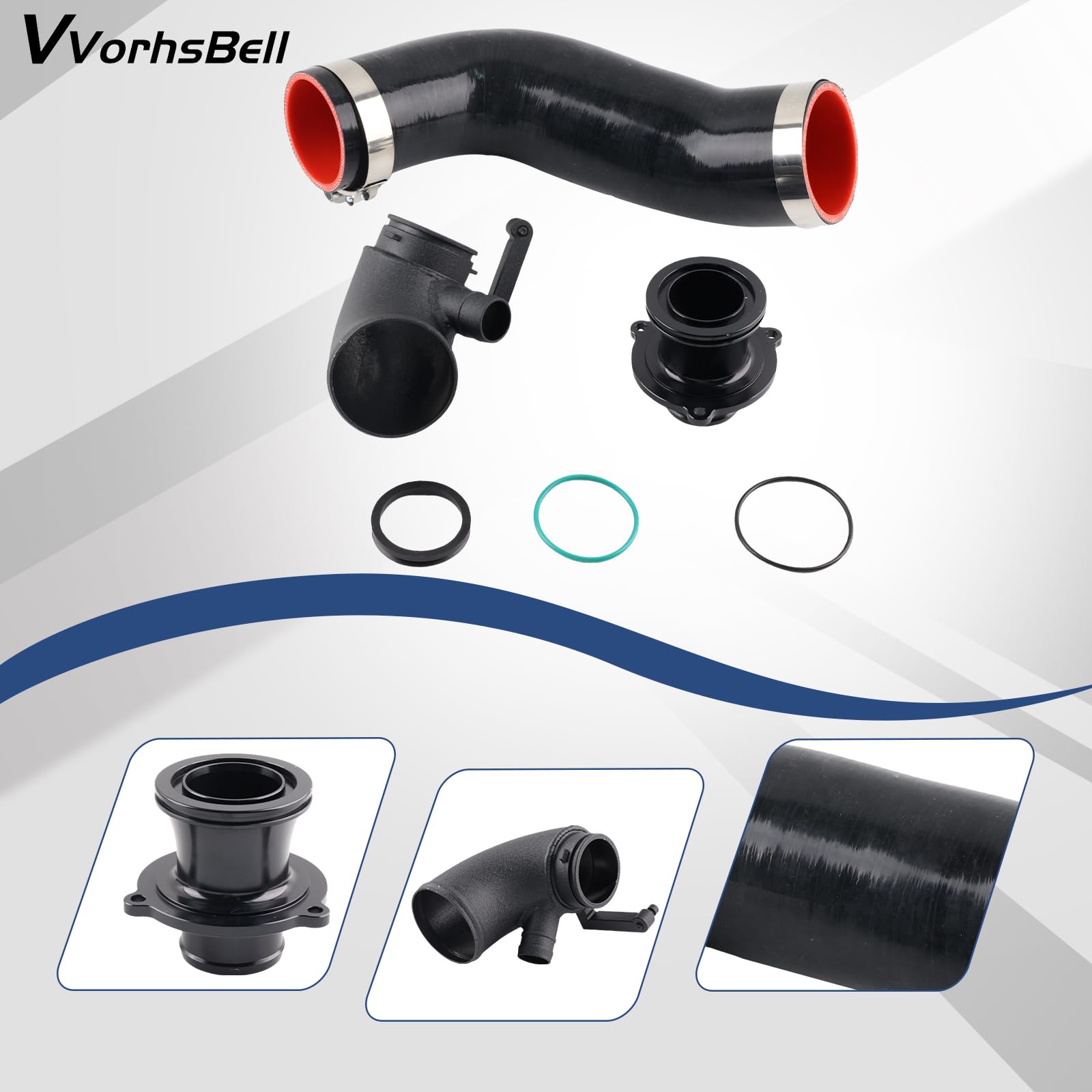 Turbo-Einlassrohr-Set, kompatibel mit VW Golf MK7/7.5 GTI R, Audi A3 S3 8V TT EA888 IS20 IS38 – High Flow Aluminium Ellenbogen & Silikonschlauch & Schalldämpfer löschen