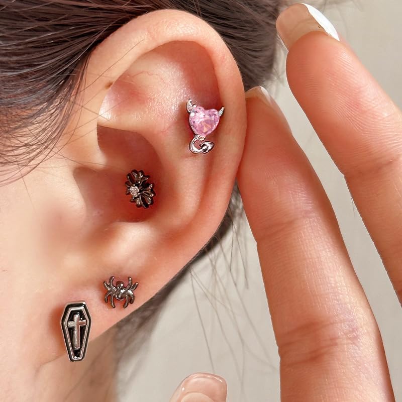 18G G23 Titanium CZ Devil Heart Lip Rings Studs Internally Threaded Cartilage Flat Back Stud Earrings Conch Helix Daith Earrings Studs Medusa Piercing Jewelry for Women 8mm - Image 3