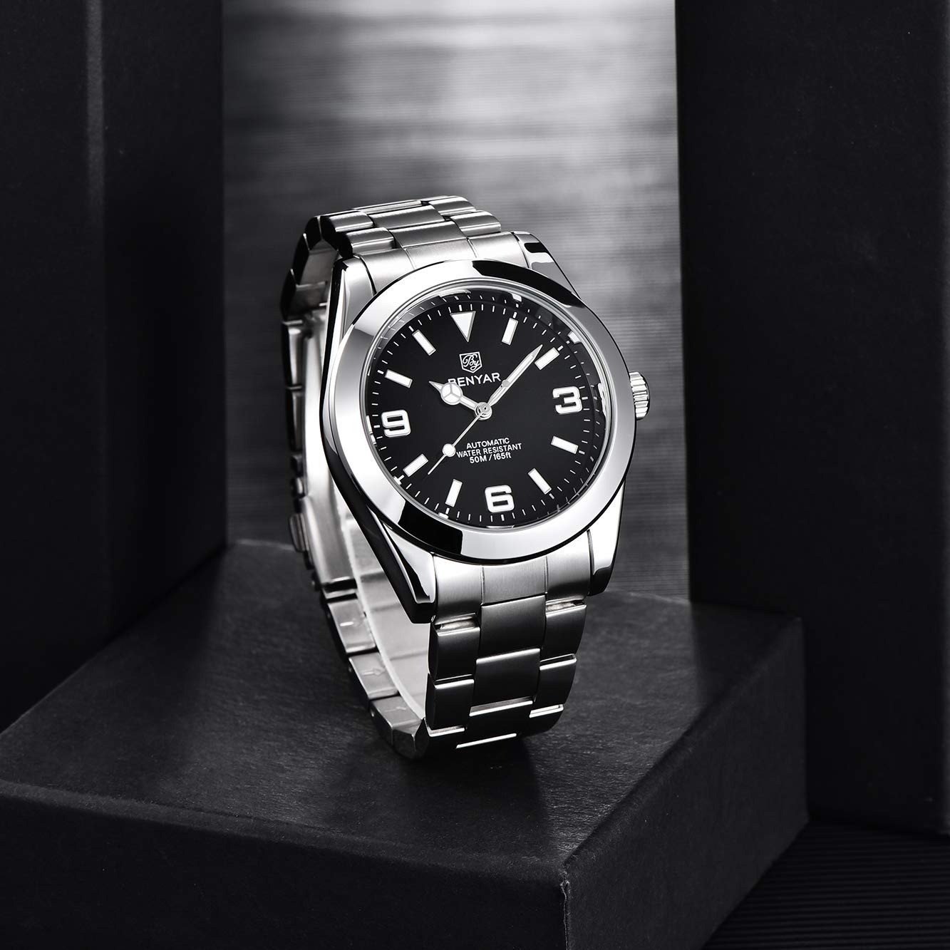 Benyar Elegante Reloj mecánico automático de 41MM para Hombre, con Correa de Acero Inoxidable Impermeable, Luminoso Reloj de Pulsera analógico
