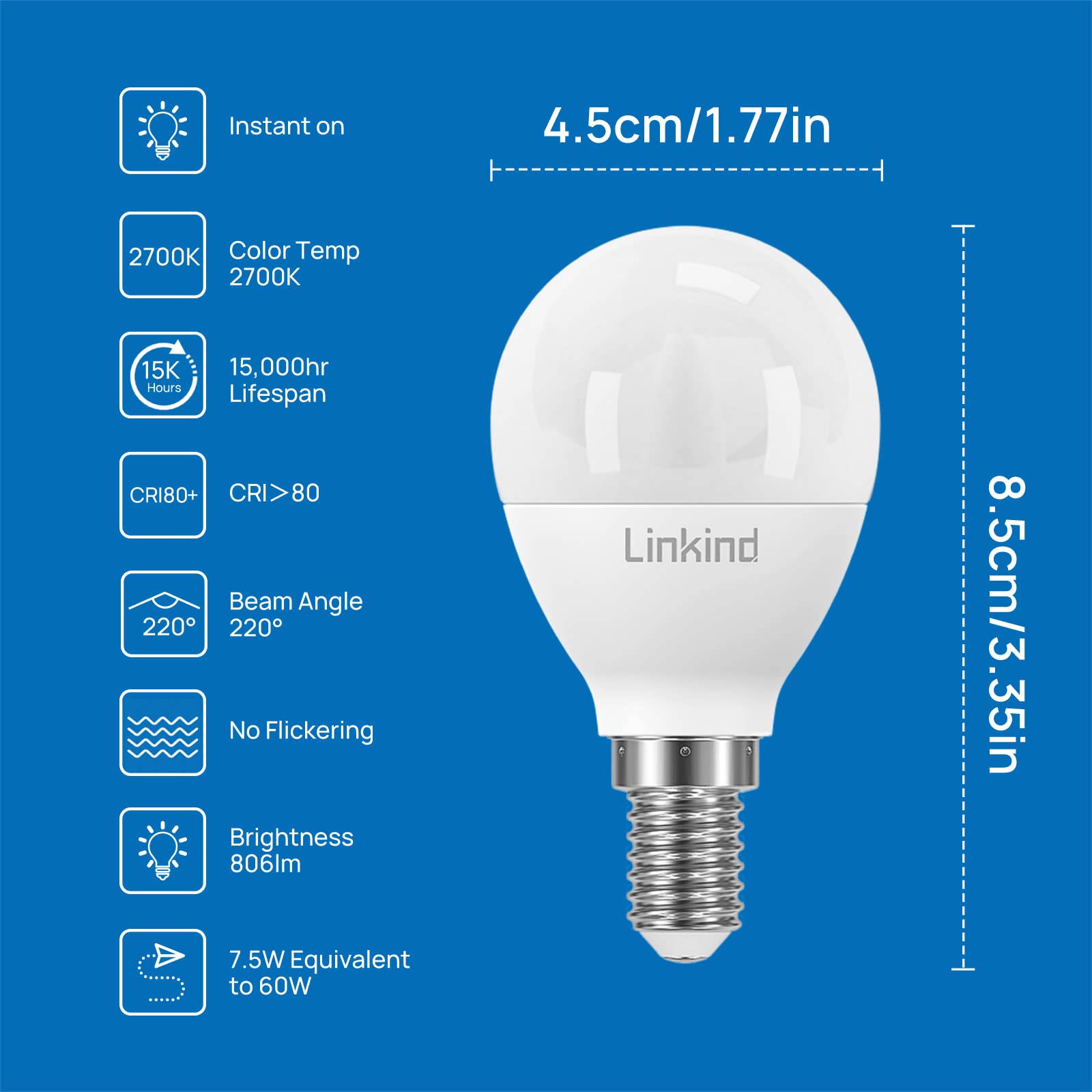 Linkind Lampadine LED E14 Attacco Edison, Golf P45/G45, 7,2W(equivalenti a 60 W), Luce Bianca Calda 2700K, 806 Lumen, AC 220-240 V, Non Dimmerabile, Pacco da 6