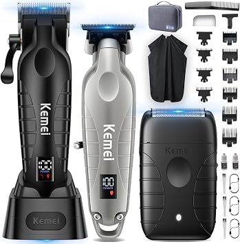 KEMEI Mens Hair Clippers Professional Barber Clippers & Trimmer Set for Men Foil Shaver Cordless Trimmer Barber Kit Hair Cutting Kit KM-2293 Silver KM-PG2290D KM-T95