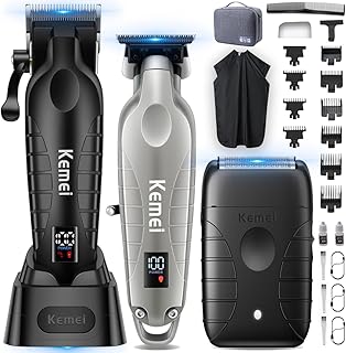 KEMEI Maquina de Cortar Pelo Hombre,Trimmer Profesional con Pantalla Digital & Máquina de Afeitar Eléctrica, Kit Peluqueria Hombre con 8000RPM motor, Carga Dual USB/Base(Plateado)