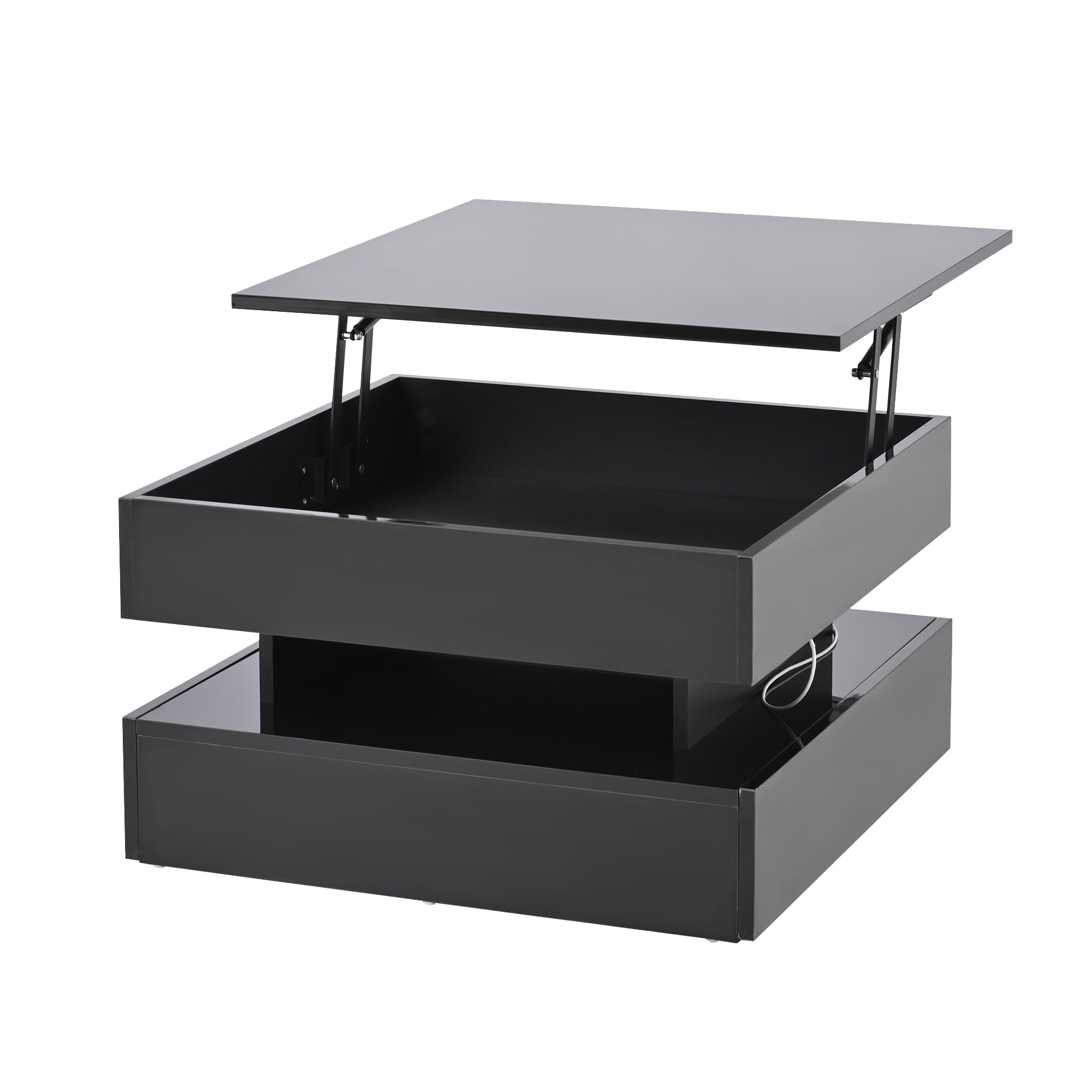 65 x 65 x 38,5 cm elevable mesa de salón auxiliar, mesa de centro brillante con barra de luz LED, mesa de sofá con 2 cajones, color negro