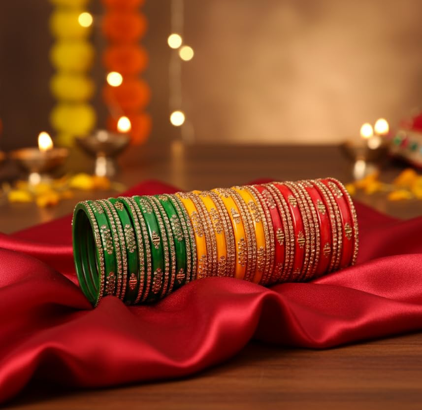 Image of Swara Creations Green Mehrun Red Glass Bangles Set for Women | Zirconwork Bangles | Glass bangles for festivals & occasions, Traditional glass bangles (SKU276)