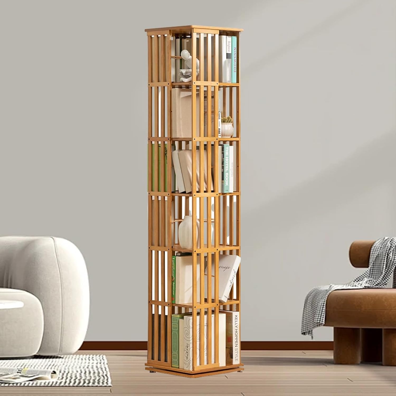 インテリア本におすすめ Amazon.co.jp: コーナーブック、360度回転、木製の狭い本、床置き本棚