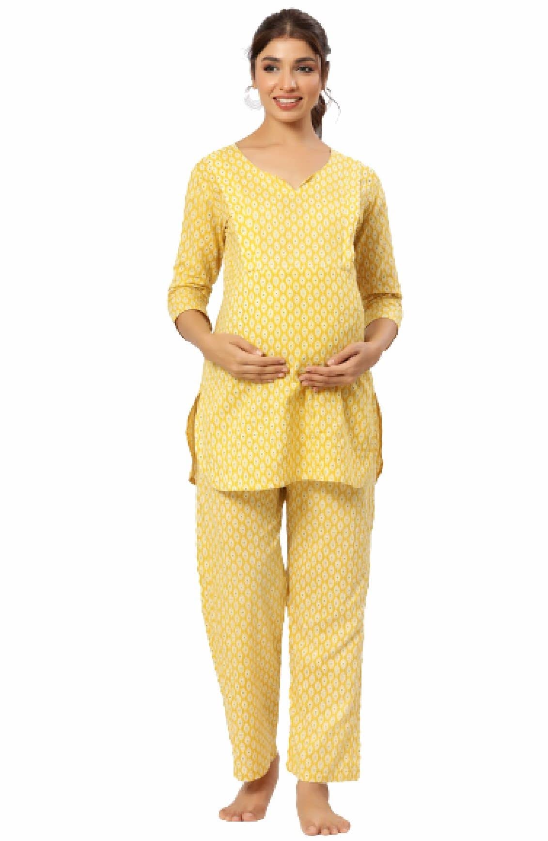 Pre & Post Maternity / Nursing Wear Hand Printed Night Suits / Night Dress with Both Sides Zipper for Easy Feeding for to Be Moms & Nursing Mothers – Pure Cotton – Beige-image-23