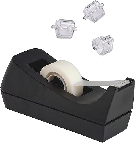 Positive Art Desktop Tape Dispenser, Non-Skid Base - with 3 Extra Tape Dispenser Replacement Core, Perfect for Office, Home, School - Value Pack