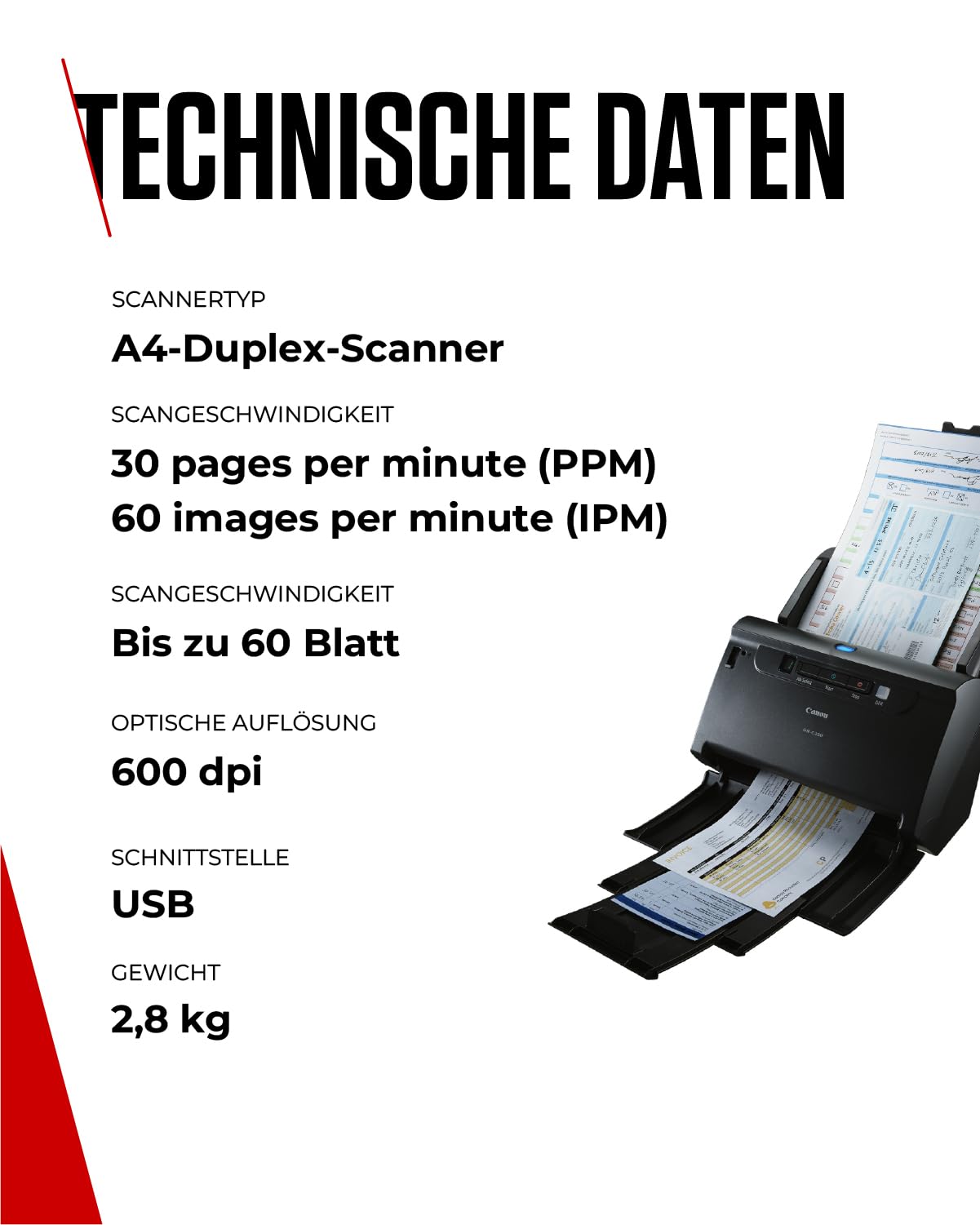 Canon imageFORMULA DR-C230 Scanner | Dokumentenscanner | Duplex Scanner mit Einzug für Homeoffice & Büro mit USB | 60 Blatt Einzug | Bis zu 30 Seiten pro Min | Canon CaptureOnTouch Software