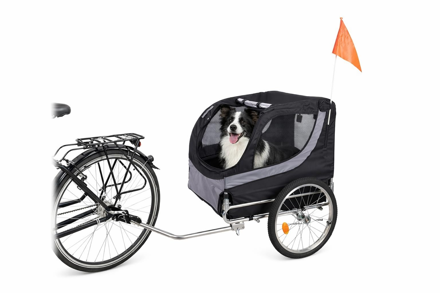 hundeanhänger für Fahrrad - fahrradanhänger Hunde - Flamingo Tybalt schwarz - A:76 cm B:57 cm C:65,5 cm D:130 cm - faltbar - mit Regenschutz - für E-Bike geeignet - max 30 kg