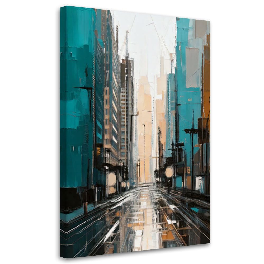 Feeby Cuadro - Cuadros Para Dormitorios - Ciudad Calle Turquesa - 60x90 cm - Decoracion Pared - Para el Dormitorio y la Sala de Estar