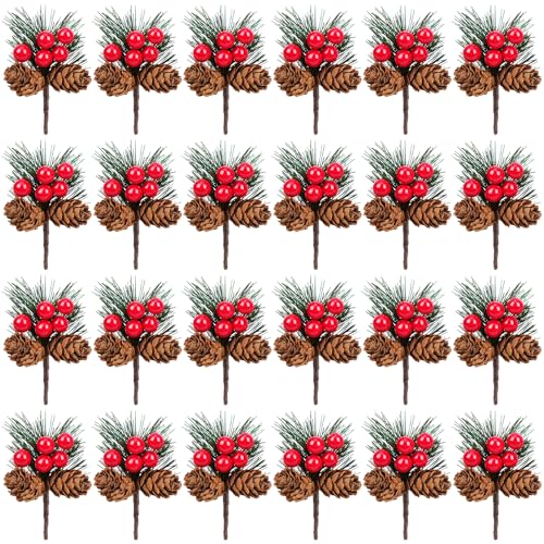 KINDPMA 24 Piezas Ramas de Abeto Artificial de Navidad con Bayas Rojas y piñas Baya de piña Artificial Ramas Decorativas navideñas para Decoraciones Guirnalda de Navidad, Adorno del árbol de Navidad