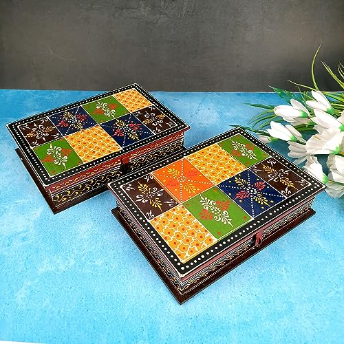 Image of Apka Mart The Online Shop Jewellery Box | Decorative Wooden Jewelry Box | Multi-Purpose Storage Box - for Home, Dressing Table Decor, Storage & Gifts - (7X10) Inch (Wood, Multicolor) (Pack of 2)