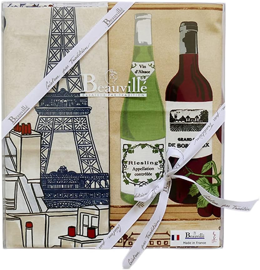 Beauvillé, Le Meilleur de France Gift Box of 2 Luxury French Kitchen/Tea Towels, Silk Screen Printed