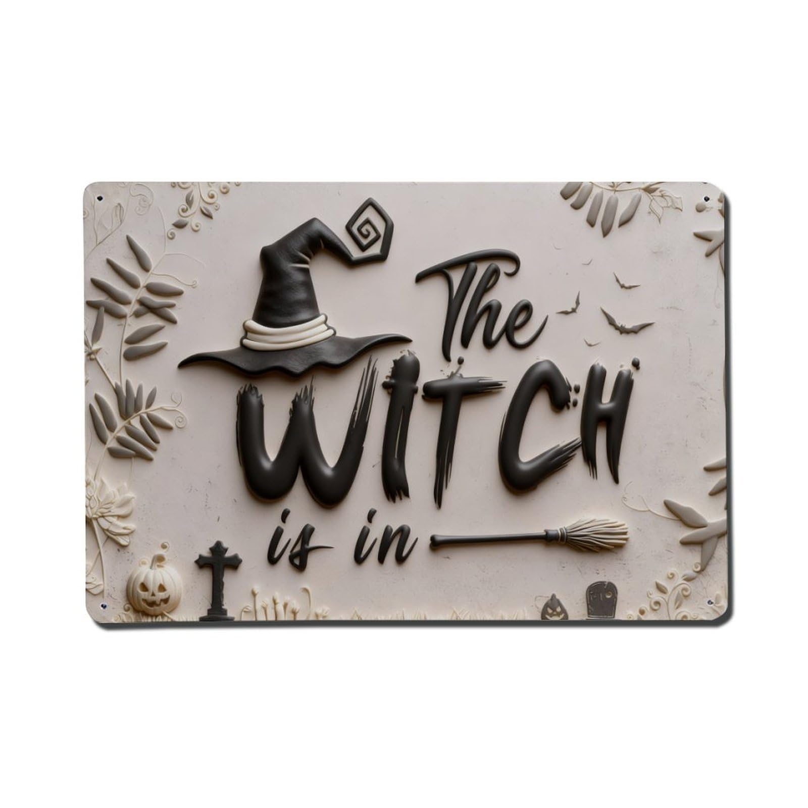 Iageret Vintage Witch Hat Broom Graveyard Bat Metal Tin Sign Retro Wall Decor, Bar Garage Cafe Kitchen Home Wall Art Poster Decoration 8X12inches