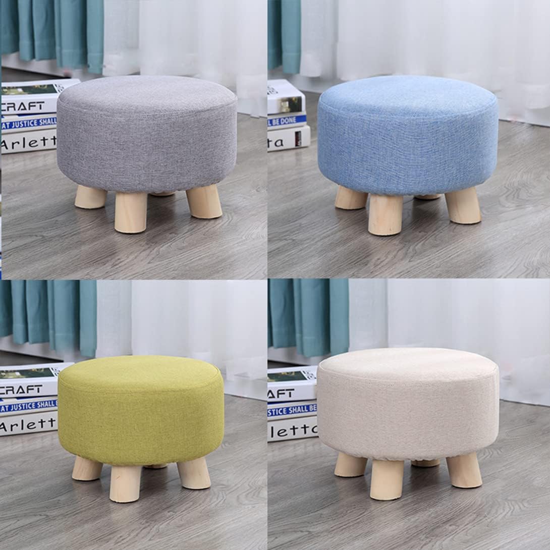 Wooden Round Pouf Linen Upholstered Footrest with 4 Legs Small Yellow Pouf for Living Room and Bedroom Furniture Perfect for Shoes and Relaxation