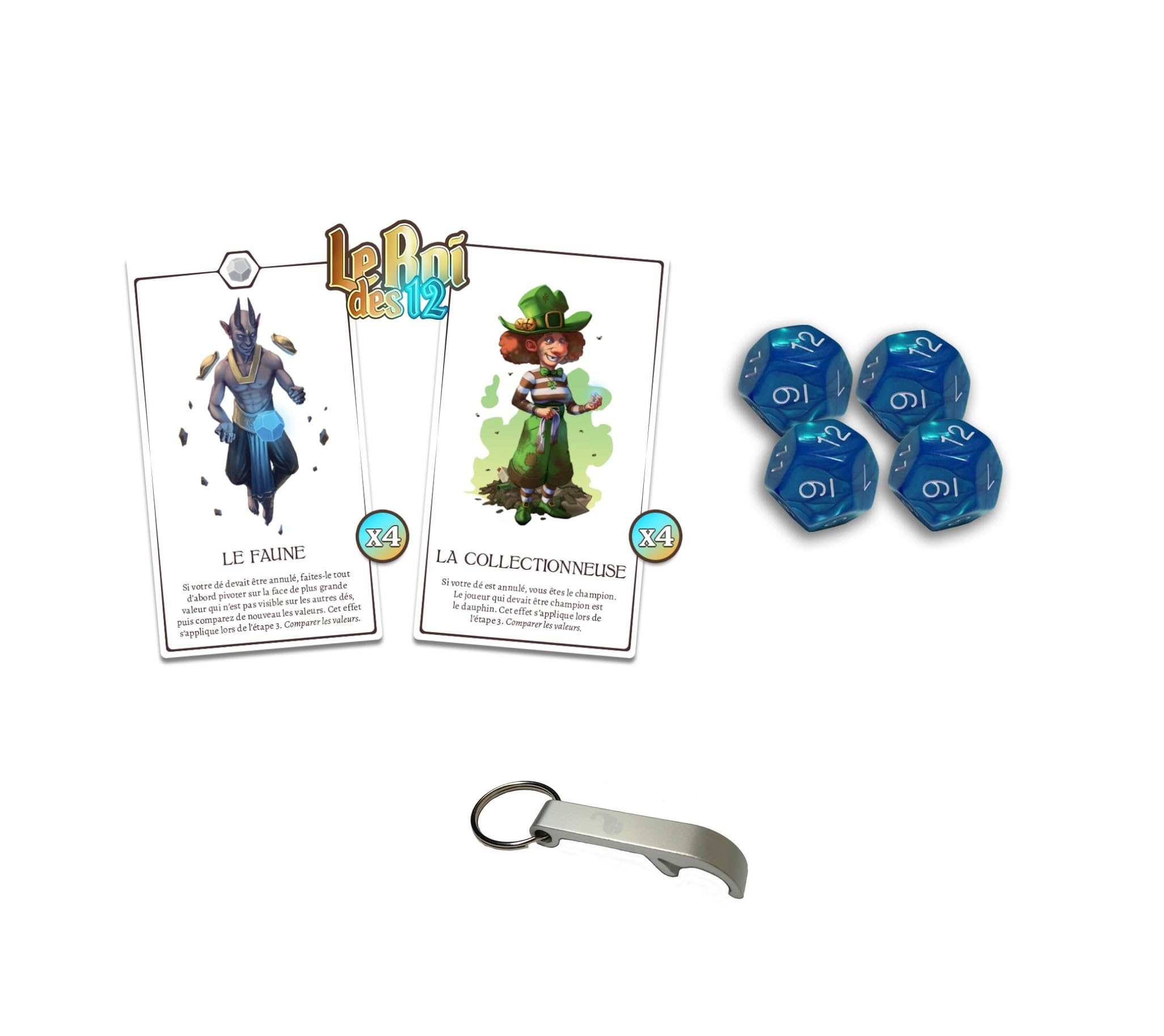King of 12 Set 4 XXL Dice + French Version Character Cards + 1 Blumie Decaps (Dice + Persons)