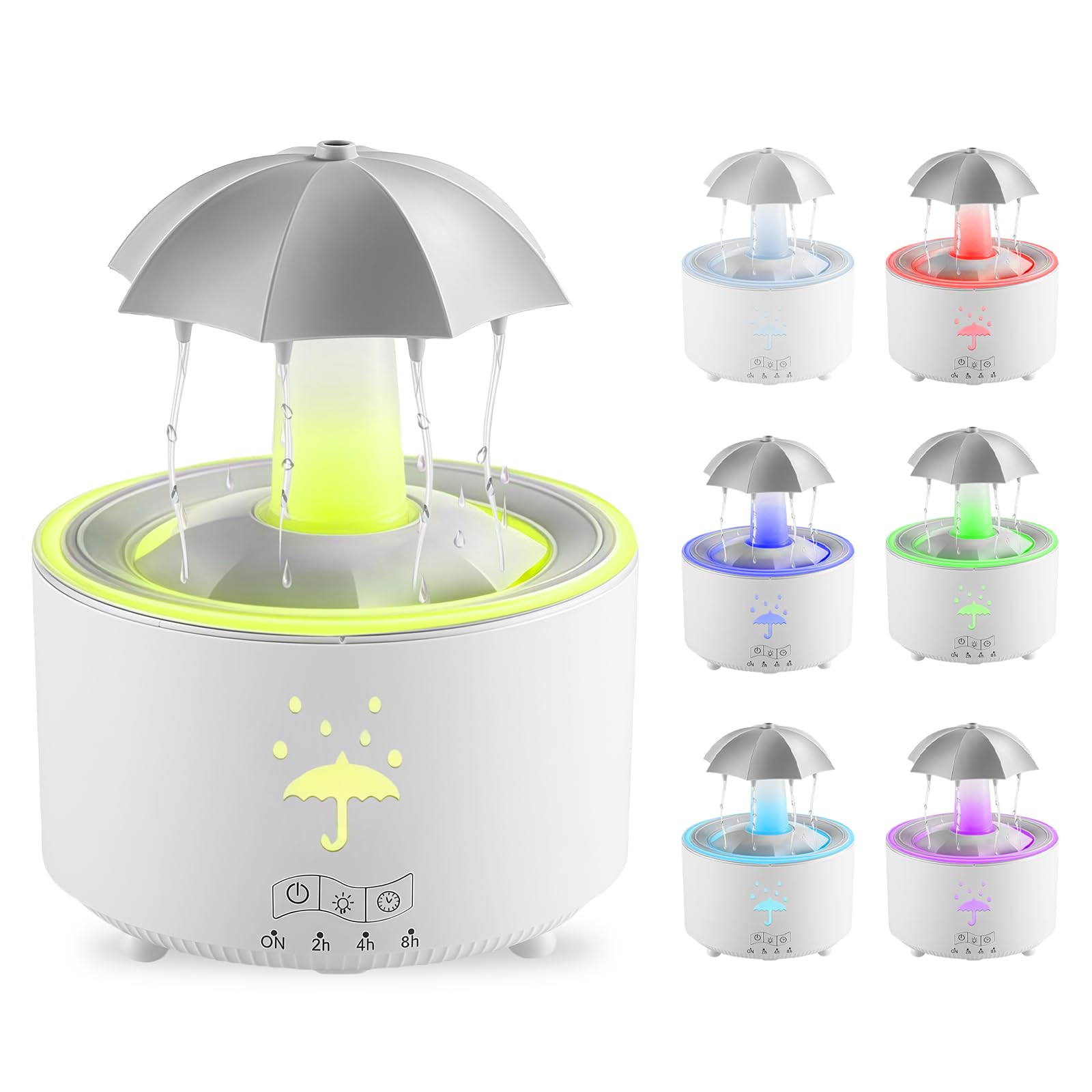 Humidificador paraguas, humidificador giratorio 300ml para dormitorio con mando a distancia y función temporizador, difusor de aromaterapia LED 7 colores