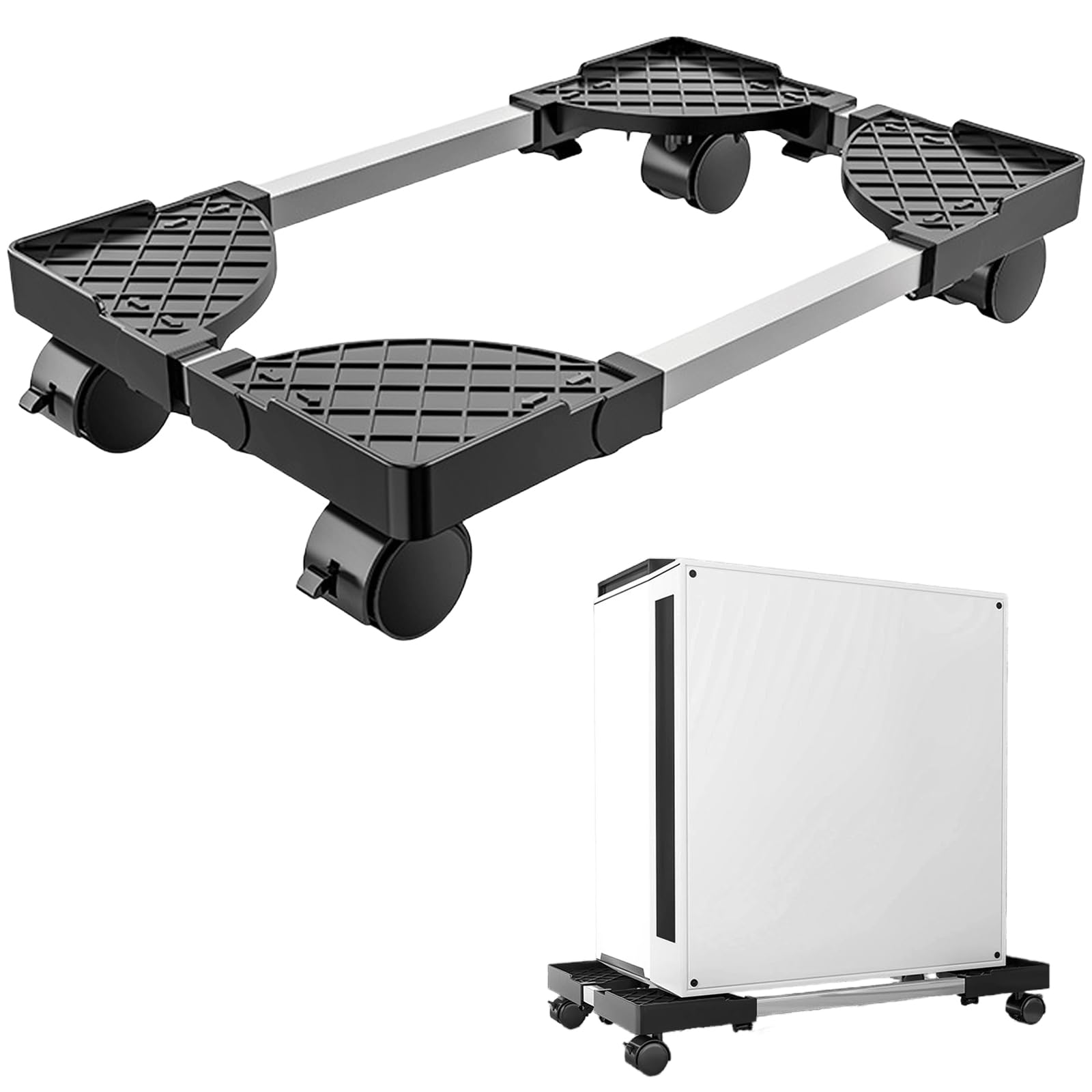 GOMETY Supporto per PC portatile, per CPU, in acciaio inox, lunghezza regolabile, larghezza regolabile, scrivania, computer, torre, universale, con 4 ruote, con 4 ruote, con serratura, per PC, sotto
