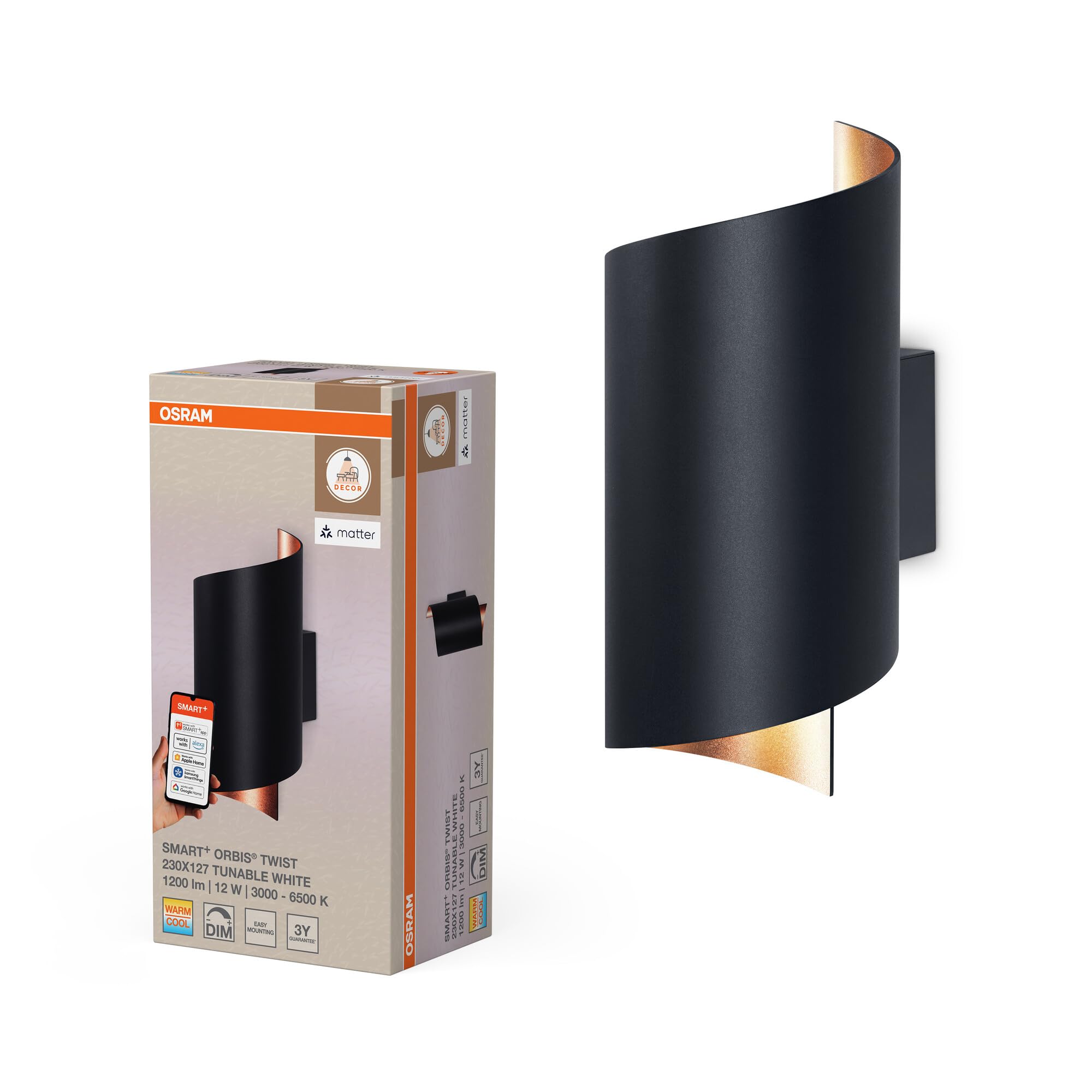 Osram SMART+ Matter Wall Twist LED Wandleuchte Schwarz 230x127mm, 12W, 700lm, TW 3000-6500K, WiFi, Alexa, Alu
